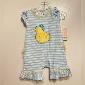 Bonnie Baby Blue Stripe Romper w/Applique Yellow Duck Size 6-9M